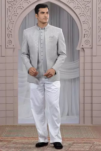 grey art silk 3 piece bandhgala only