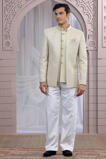 Beige art silk 3 piece bandhgala only