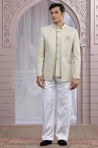 Beige art silk 3 piece bandhgala only