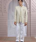 Beige art silk 3 piece bandhgala only