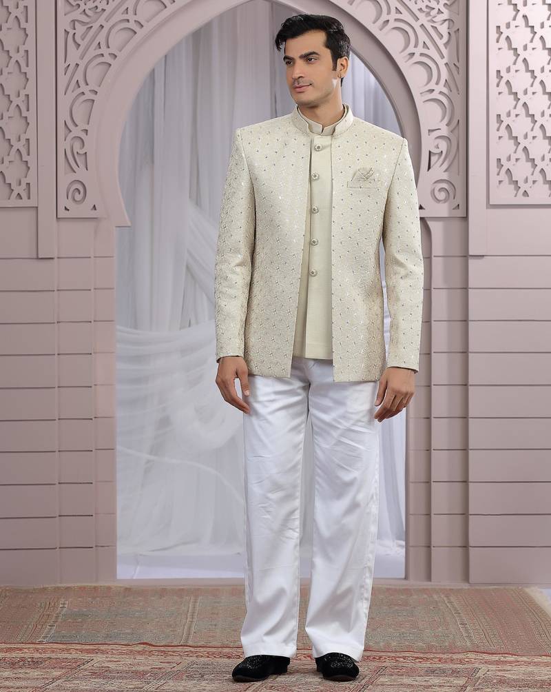 Beige art silk 3 piece bandhgala only