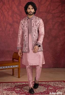 pink art silk 3 piece indo nehru jacket set for men 1