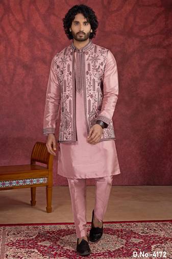Pink art silk 3 piece indo jacket set for men