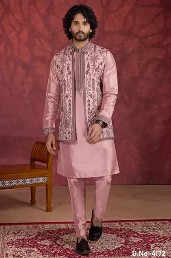 Pink art silk 3 piece indo jacket set for men