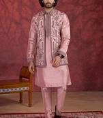 pink art silk 3 piece indo nehru jacket set for men