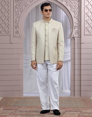 beige art silk 3 piece bandhgala only 2