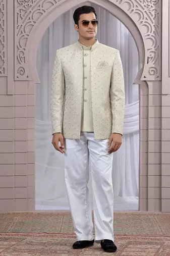 beige art silk 3 piece bandhgala only