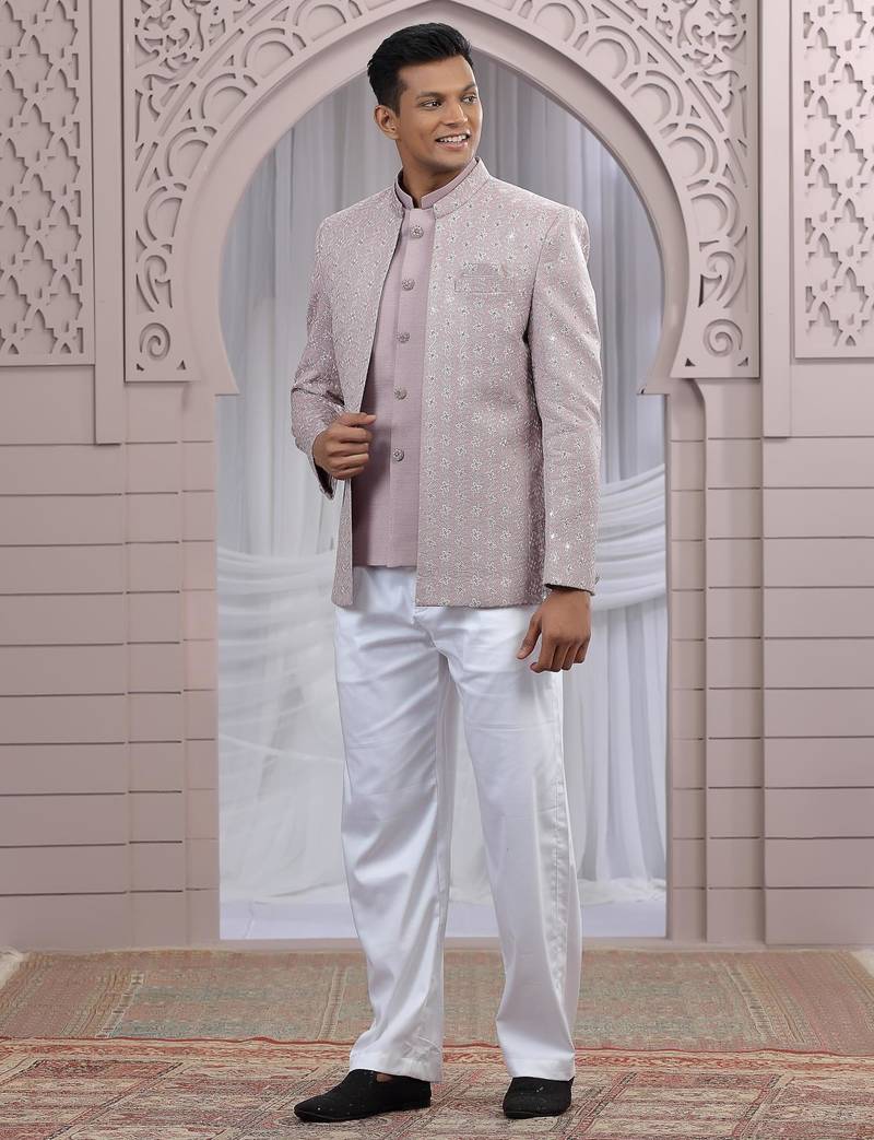 Onion pink art silk 3 piece bandhgala only