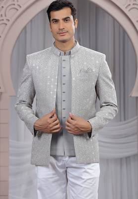 grey art silk 3 piece bandhgala only 3