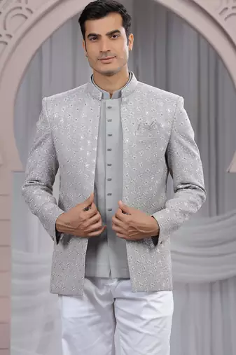 grey art silk 3 piece bandhgala only