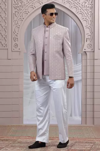 onion pink art silk 3 piece bandhgala only