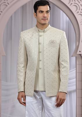 beige art silk 3 piece bandhgala only 3