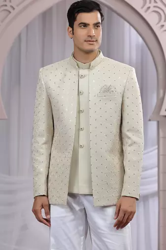 beige art silk 3 piece bandhgala only