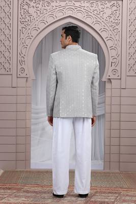 grey art silk 3 piece bandhgala only 4
