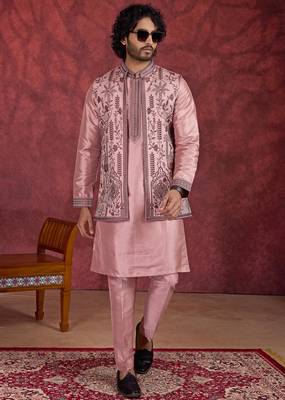 pink art silk 3 piece indo nehru jacket set for men 2