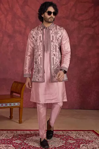 pink art silk 3 piece indo nehru jacket set for men