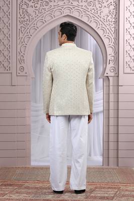 beige art silk 3 piece bandhgala only 4
