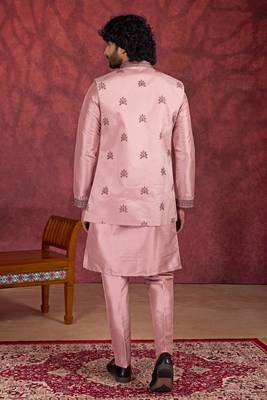pink art silk 3 piece indo nehru jacket set for men 3