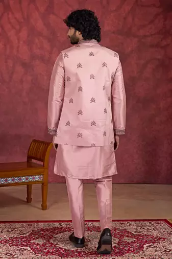 pink art silk 3 piece indo nehru jacket set for men