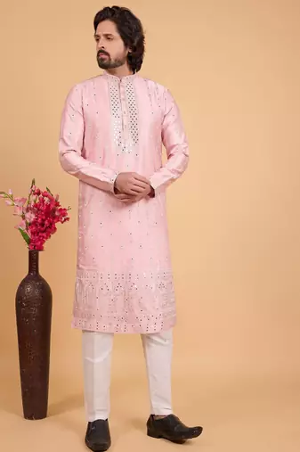 Pink art silk straight kurta for men