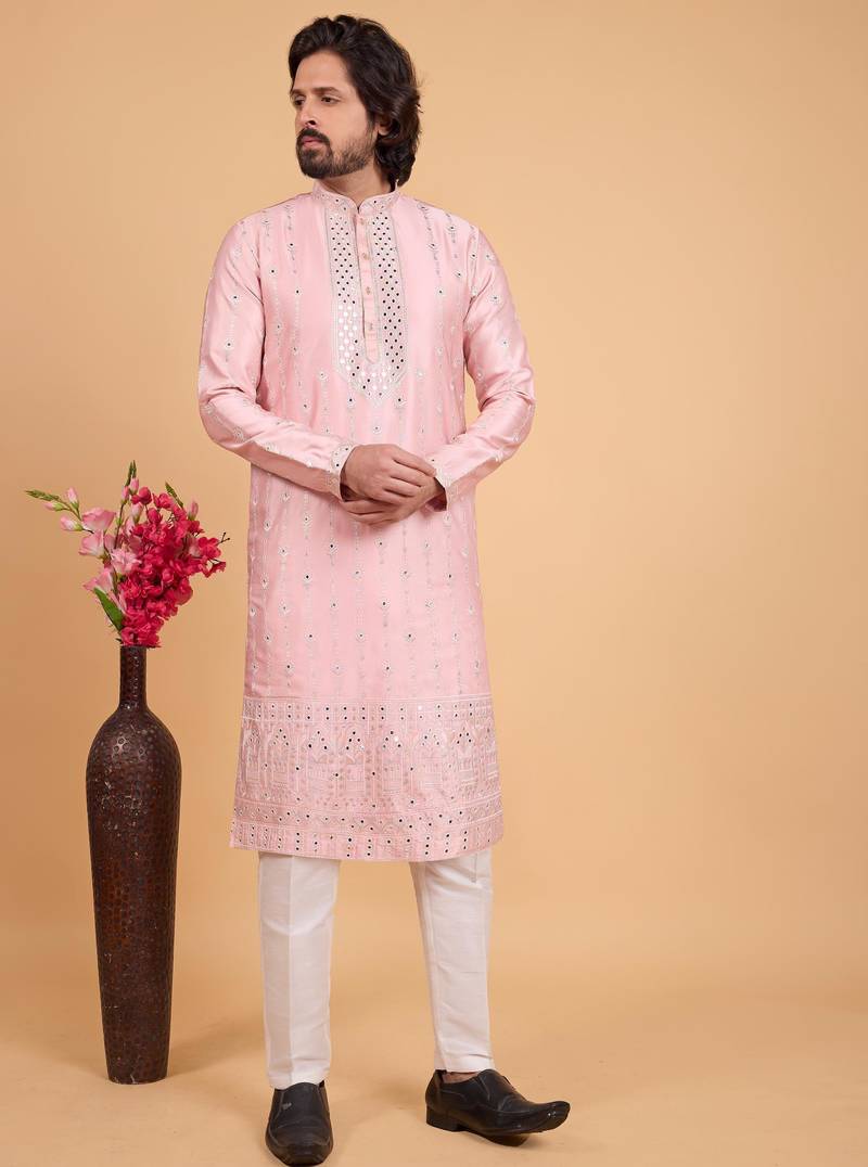 Pink art silk straight kurta for men