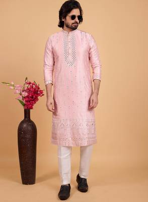 pink art silk straight kurta pajama for men 2