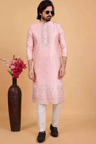 pink art silk straight kurta pajama for men
