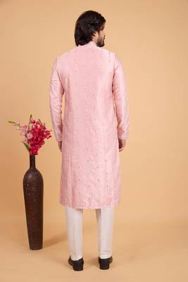 pink art silk straight kurta pajama for men 3