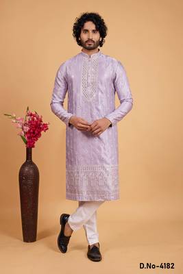 lavender art silk straight kurta pajama for men 1