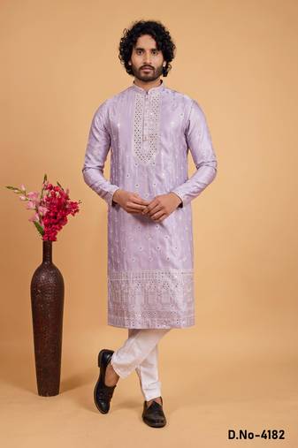 Lavender art silk straight kurta for men