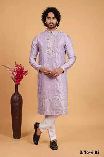 Lavender art silk straight kurta for men
