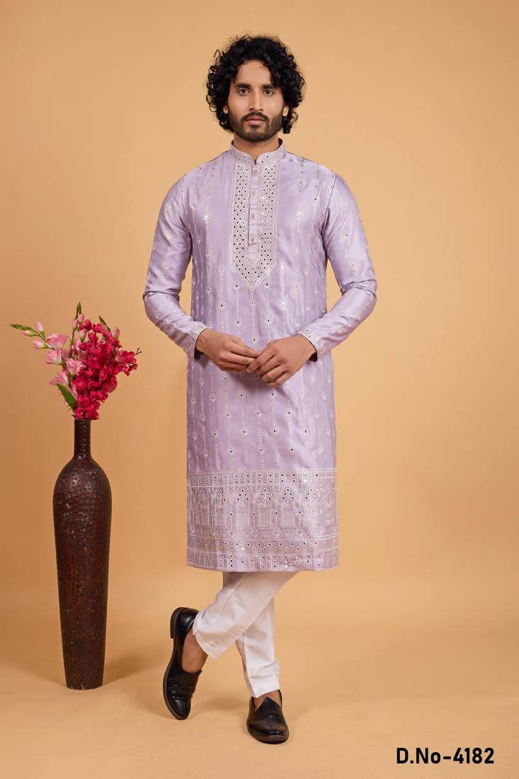 Lavender art silk straight kurta for men