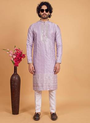 lavender art silk straight kurta pajama for men 2