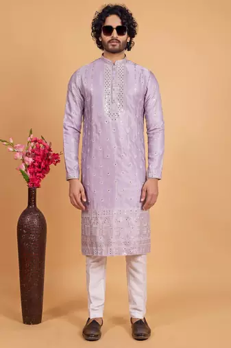 lavender art silk straight kurta pajama for men