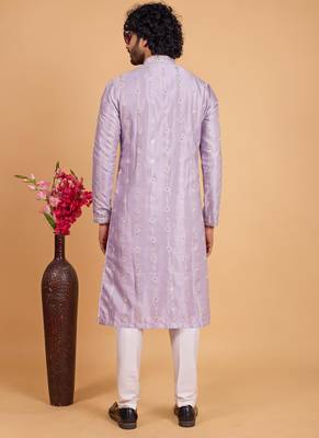 lavender art silk straight kurta pajama for men 3