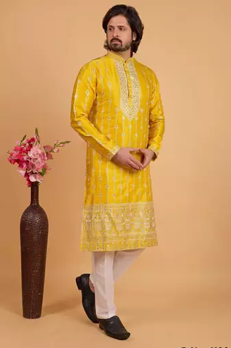 Yellow art silk straight kurta for men