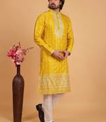 Yellow art silk straight kurta for men