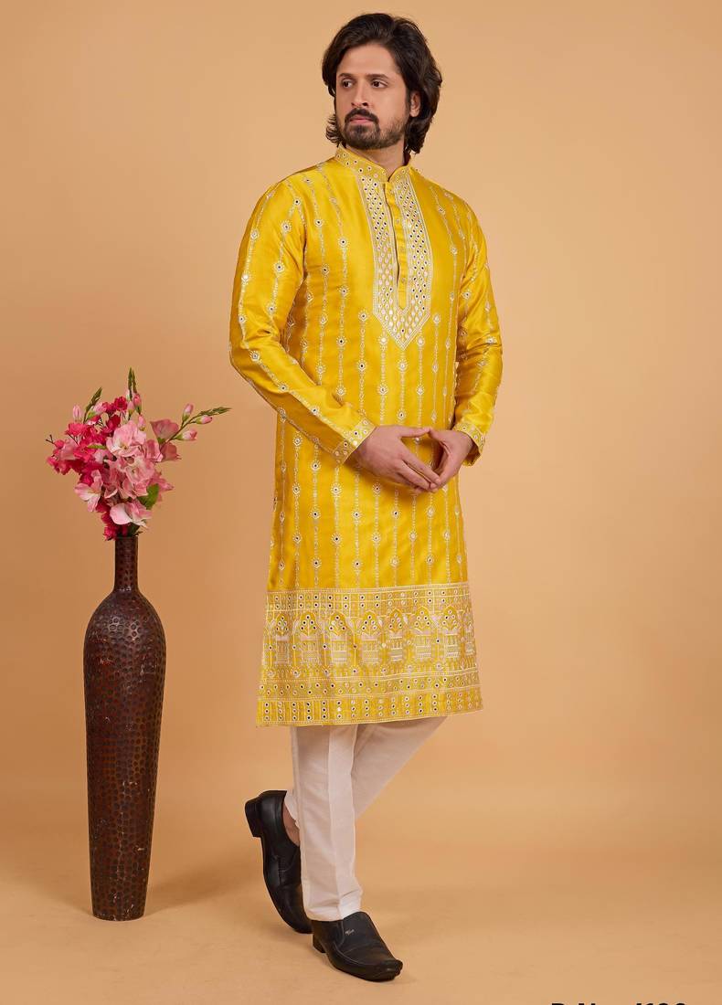 Yellow art silk straight kurta for men