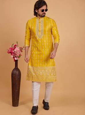 yellow art silk straight kurta pajama for men 2