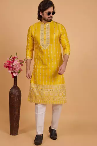 yellow art silk straight kurta pajama for men