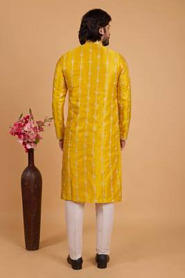 yellow art silk straight kurta pajama for men 3