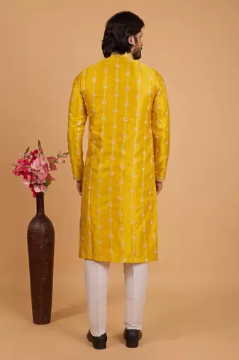 yellow art silk straight kurta pajama for men