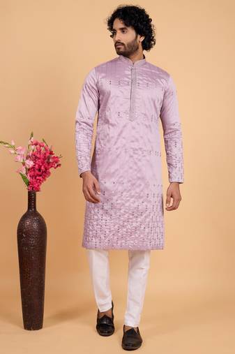 Lavender art silk straight kurta for men