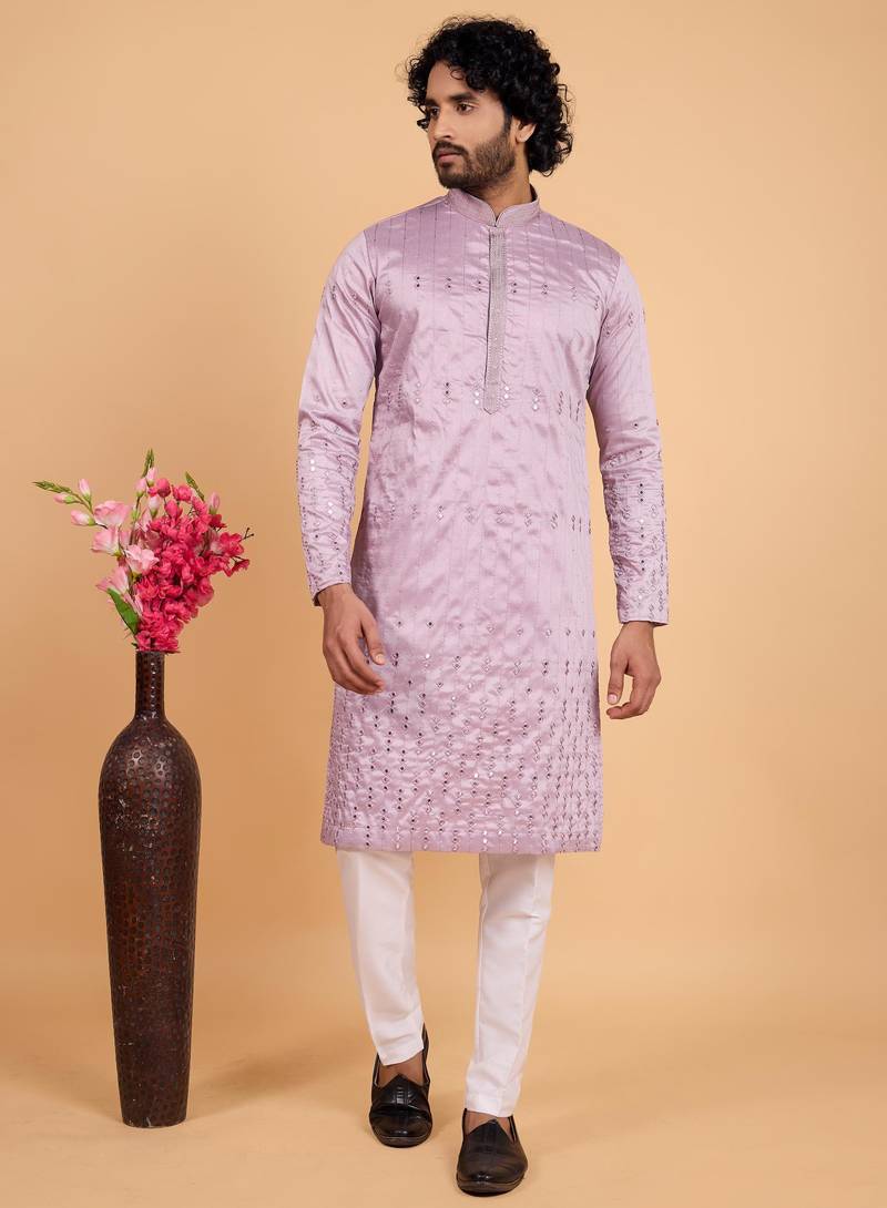 Lavender art silk straight kurta for men