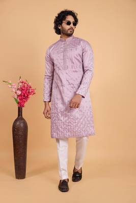 lavender art silk straight kurta pajama for men 2