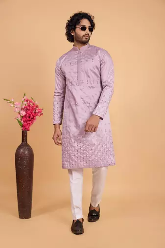 lavender art silk straight kurta pajama for men