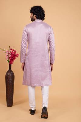 lavender art silk straight kurta pajama for men 3