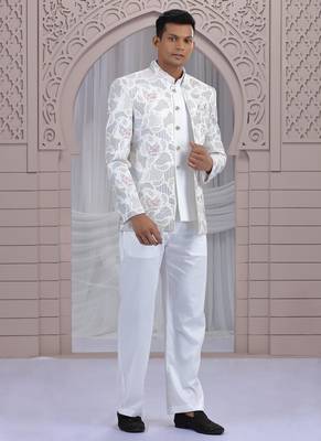 white art silk 3 piece bandhgala only 1