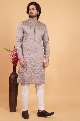 Grey art silk straight kurta for men