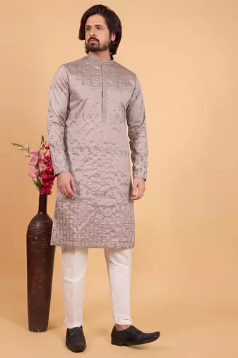 Grey art silk straight kurta for men